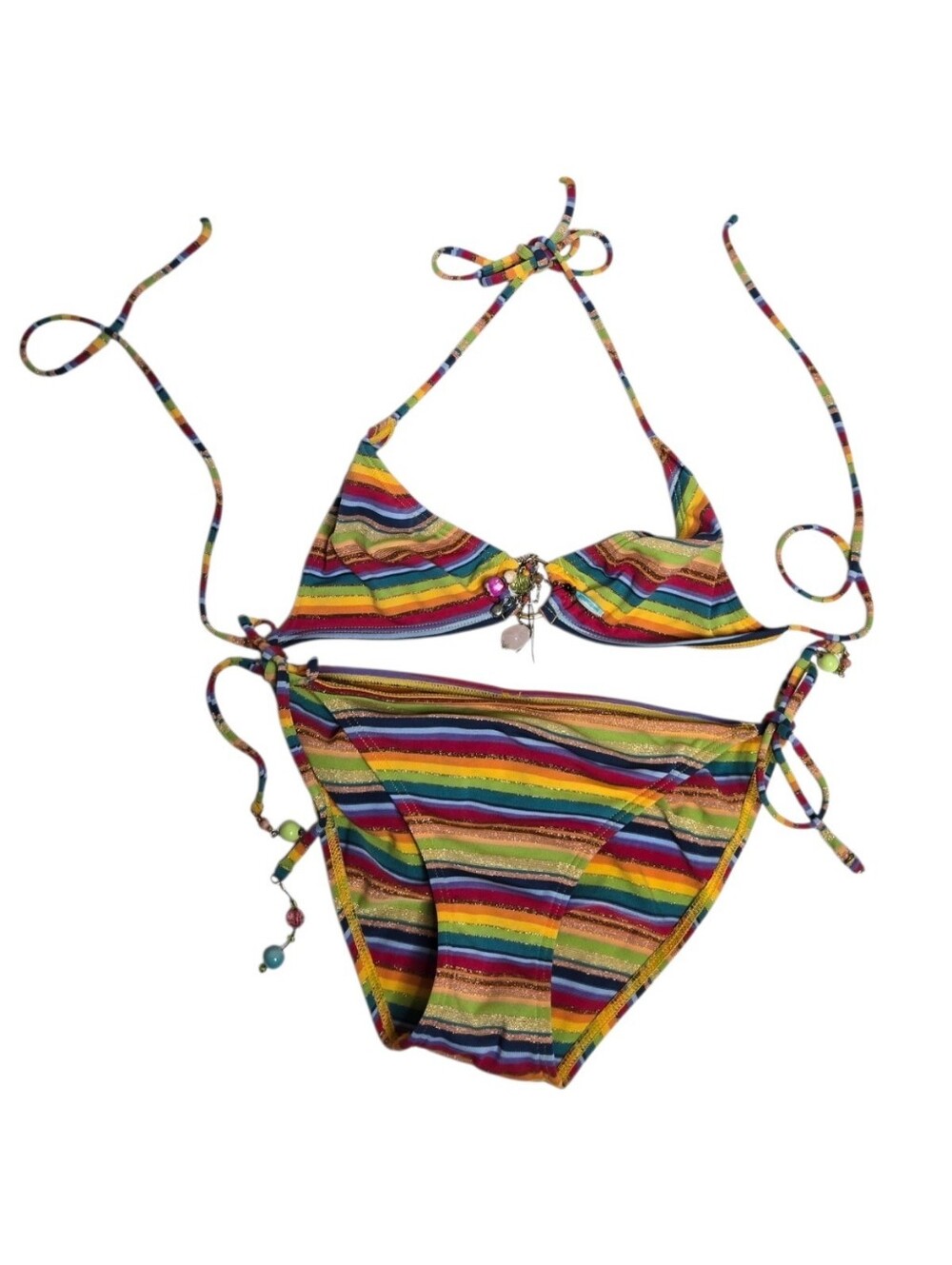 VINTAGE Y2K OP Aloha rainbow stripe metallic beaded string bikini swim S/L